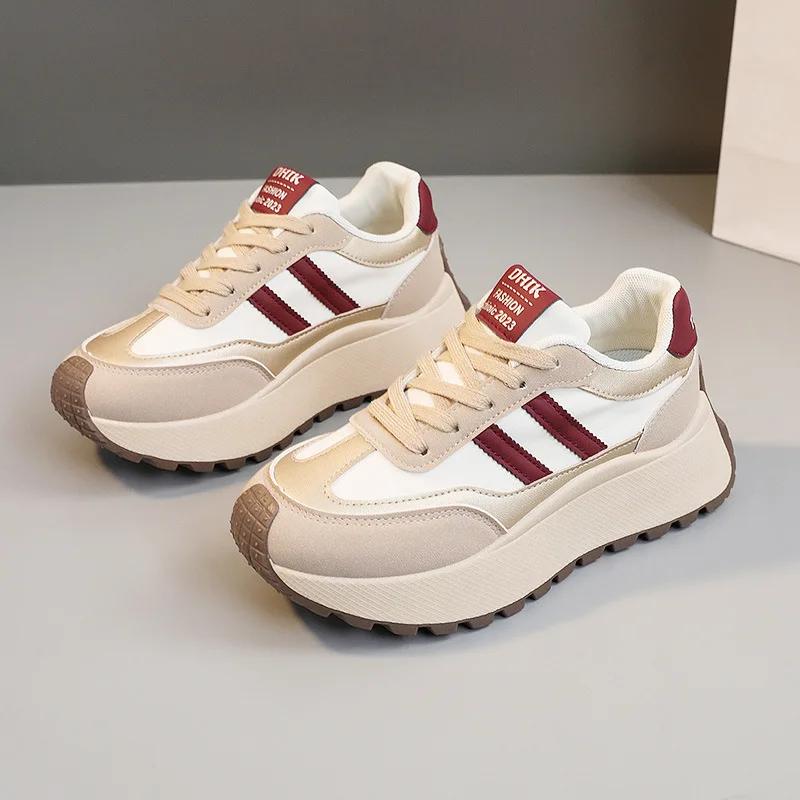 Модная весенняя женская обувь на толстой подошве 2025 лето повседневные лоскутные кожаные кроссовки повседневная вулканизированная обувь женская обувь