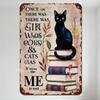 Винтажная металлическая жестяная табличка 'Однажды жила девочка, которая любила книги и кошек', ржавый состаренный дизайн с черной кошкой на кол