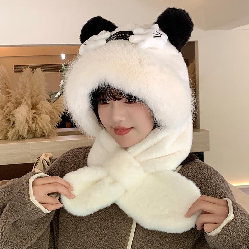 Women's Cozy Fox Ear Plush Hat with Integrated Scarf - Warm, Soft Lei Feng Design for Autumn and Winter. Perfect Ear Protection for Students.