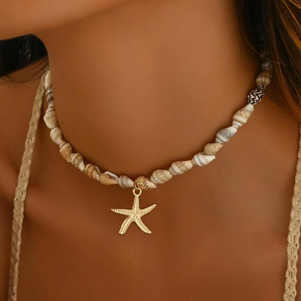 1 New Bohemian Conch Starfish Stacked Necklace Suit Suitable for Holiday.