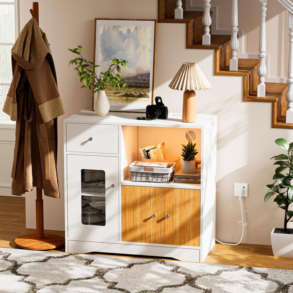 Wood Sideboard Corner Cabinet One Drawer 2 Doors Side Cabinet With Charging Station Sideboard With Microwave Shelf Buffet Light