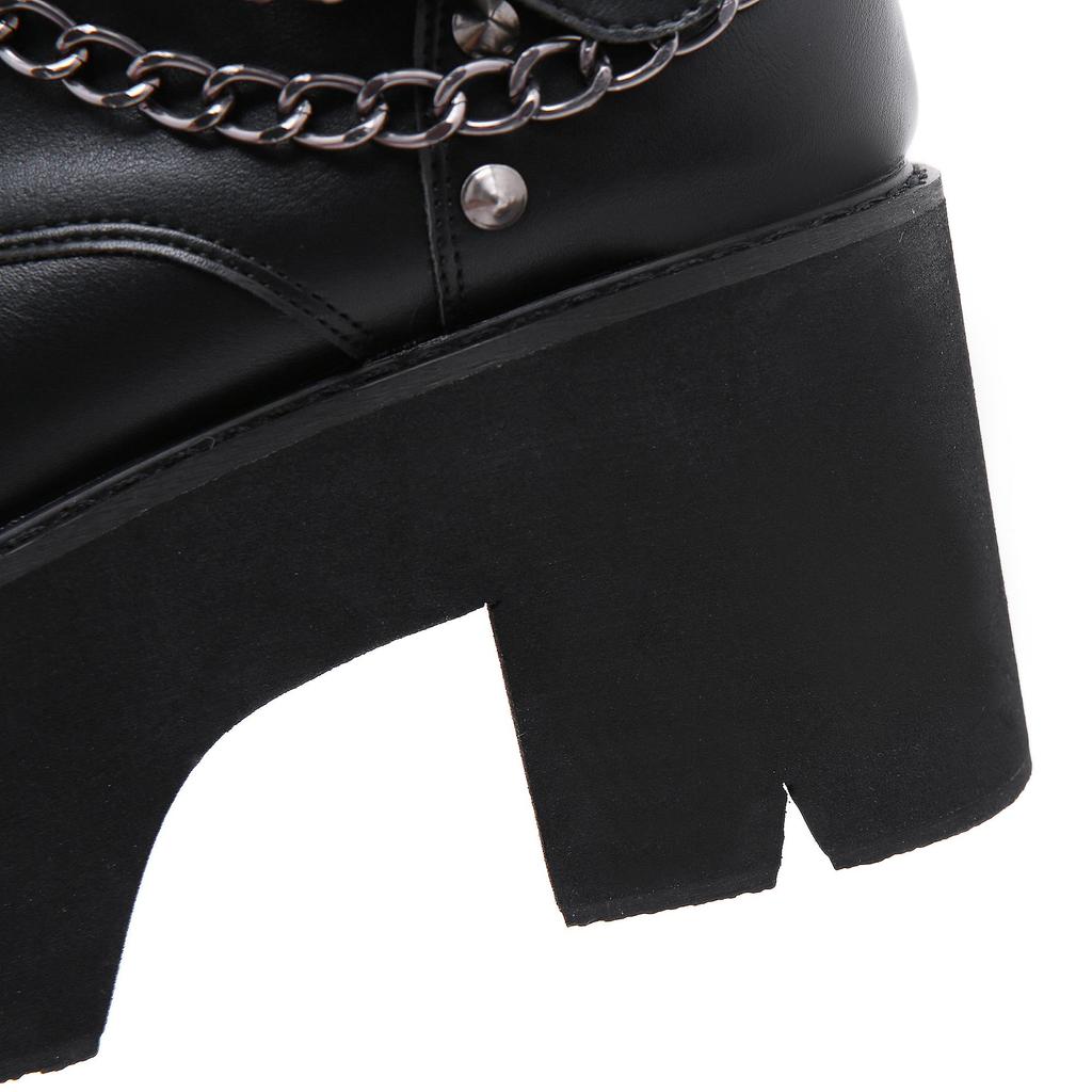 Готические черные ботильоны для женщин, женская обувь на высоком каблуке, черная клубная обувь на шнуровке с заклепками и цепочкой