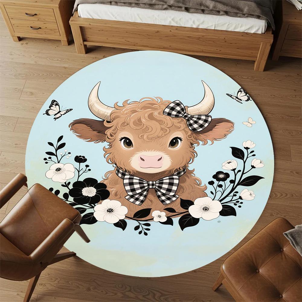 1PC Cow Bowtie Flowers Round Chair mat Area Rug - Non-Slip, Floor Mat for Office, Bedroom, home decor Christmas Gift c0528087