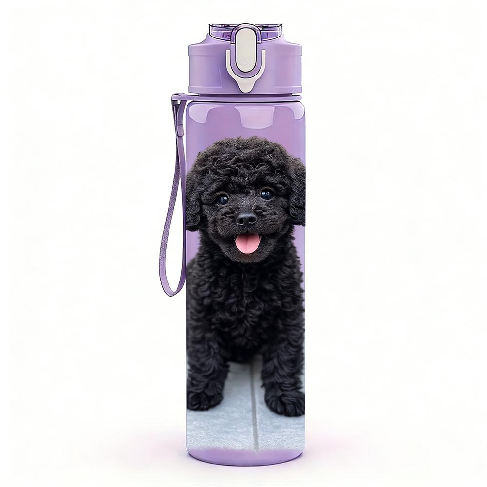 1PC Curly Black Poodle Puppy 750ml Color Plastic Water Bottle Leakproof Flip Straw Lid For Sports Office Home Use
