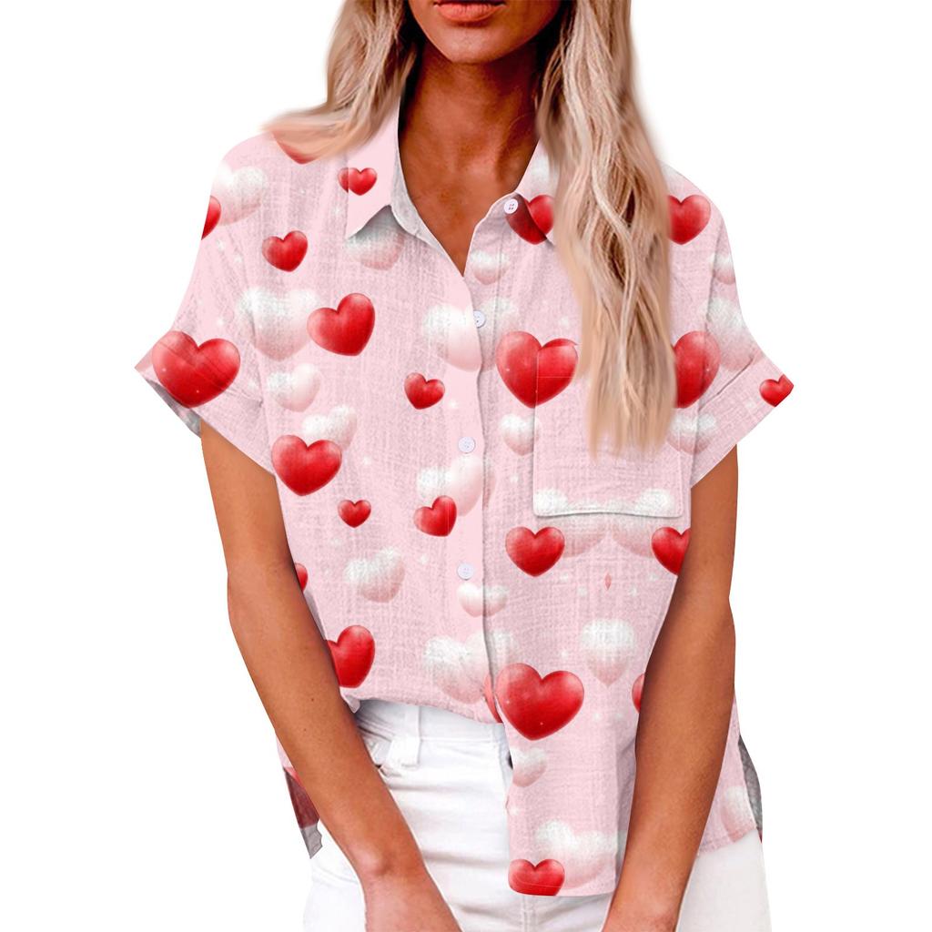 Женская свободная повседневная рубашка с короткими рукавами и отворотом с цифровым принтом и карманом