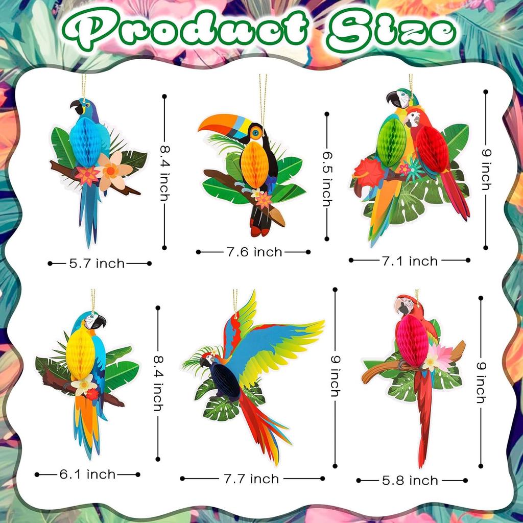 6 Pcs Tropical Birds Honeycombs, Parrot Honeycomb Decorations, Parrot Paper Cutouts Hanging Decorations for Summer, Jungle, Rainforest Party Supplies