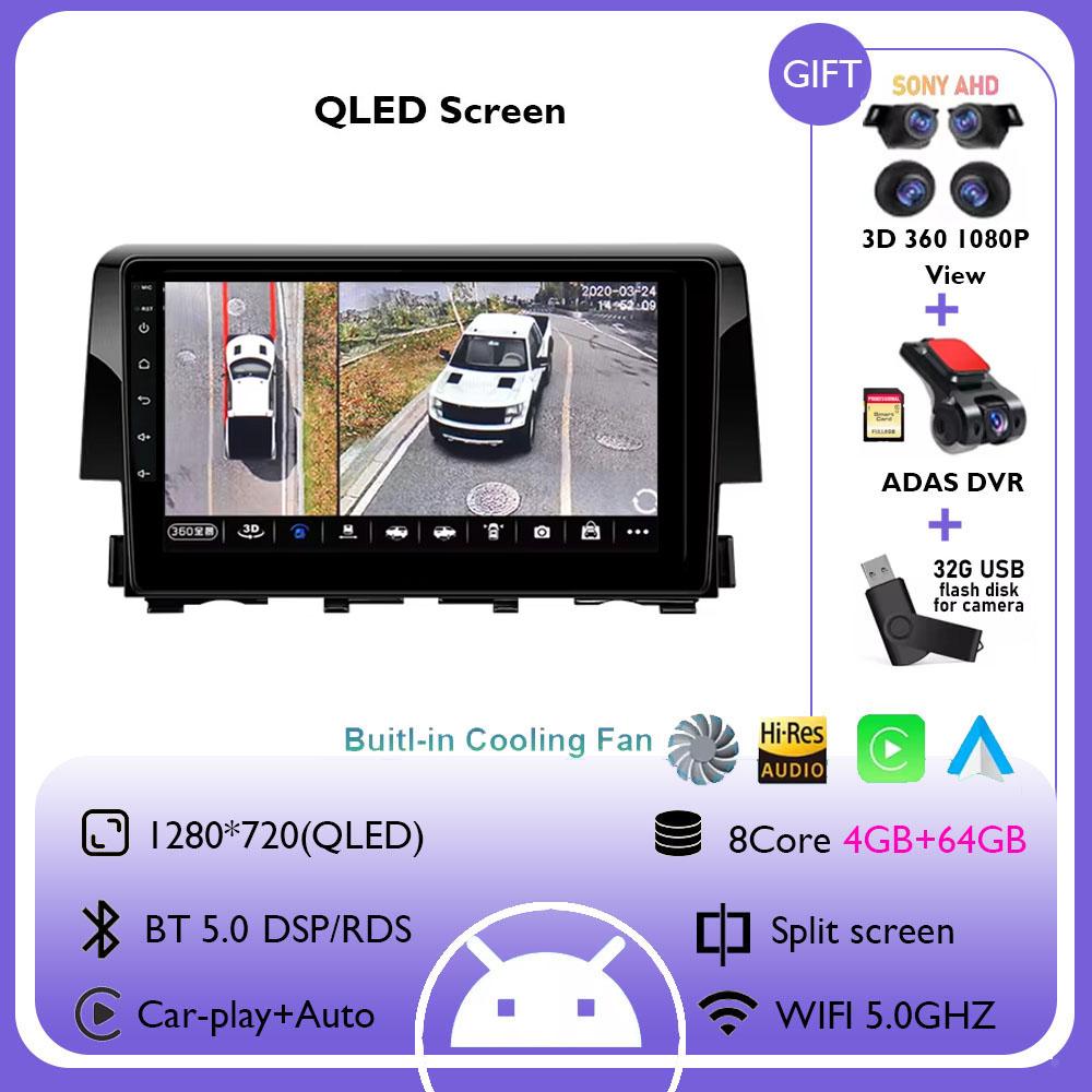 For Honda Civic 10th 2016 2017 2018 2019-2021 Android 14 Carplay Auto Car Radio Multimedia Video Player Navigation GPS 4G WIFI