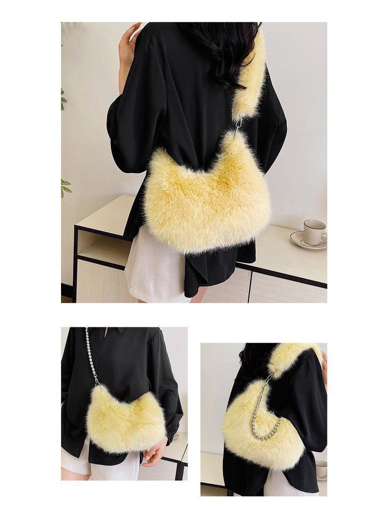 Autumn/Winter Faux Fox Fur Plush Shoulder Bag with Pearl Chain