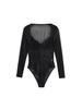 Черный прозрачный боди с длинным рукавом и U-образным вырезом из кружева