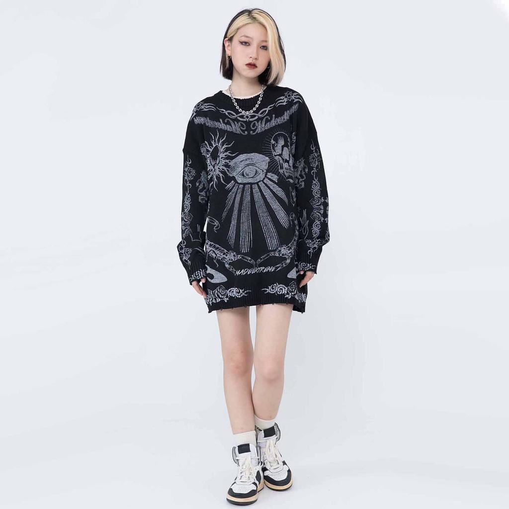 Свитер унисекс, рваный пуловер с принтом розовых глаз и скорпиона