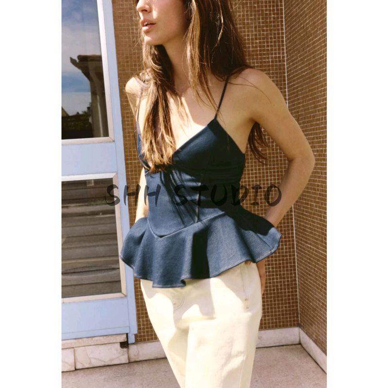 New Fall Women's Clothing Open Back Sexy Fashion Twill Ruffles V-neck Brace Vest Tops 0858263