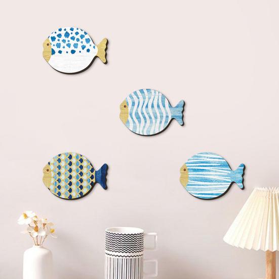 4Pcs/Set Wooden Fish Wall Decoration Farmhouse Rustic Nautical Fish Wall Art Sculpture Home Living Room Bathroom Bedroom Wall Decorative Sign