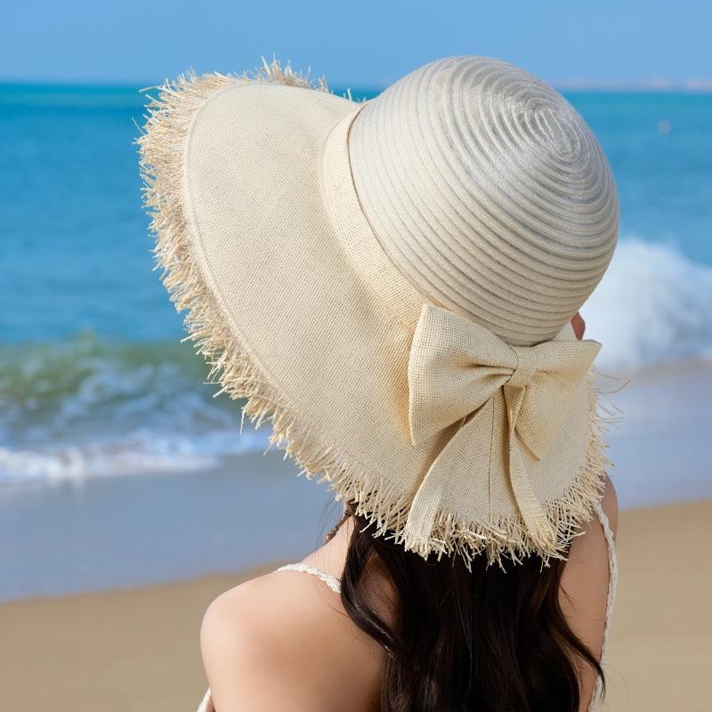Summer Big Eaves Sunscreen Hat Women'S Big Eaves Straw Hat Vacation Wind Sunscreen Visor Travel Bow Bucket Hat