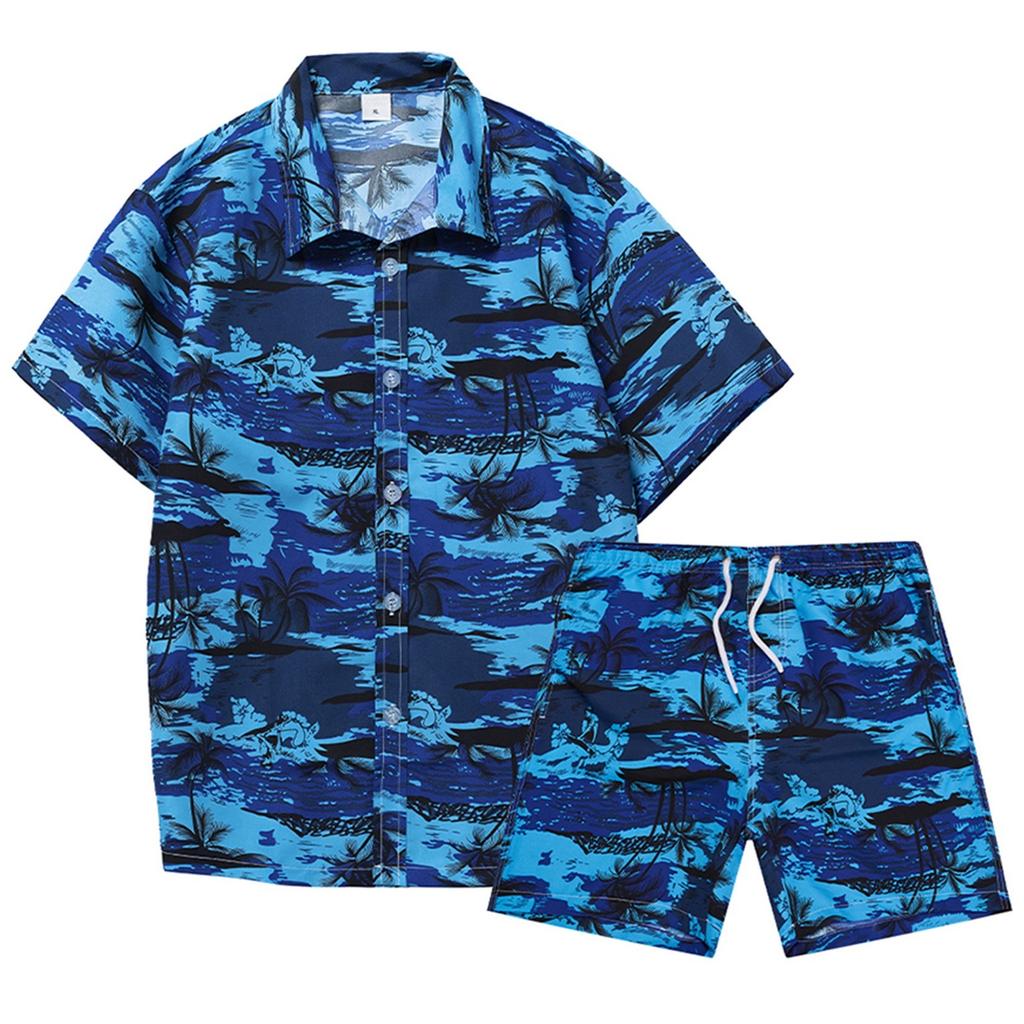 Мужская рубашка с цветочным принтом, гавайские комплекты, повседневная рубашка на пуговицах с коротким рукавом