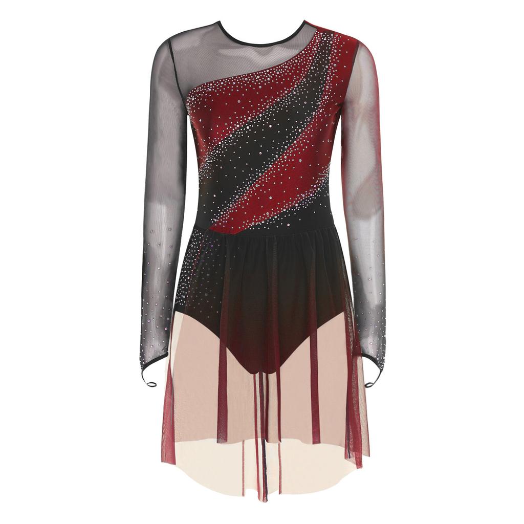 Womens Figure Skating Dress Contrast Color Rhinestones Gradient Mesh Skirt One Piece Leotard