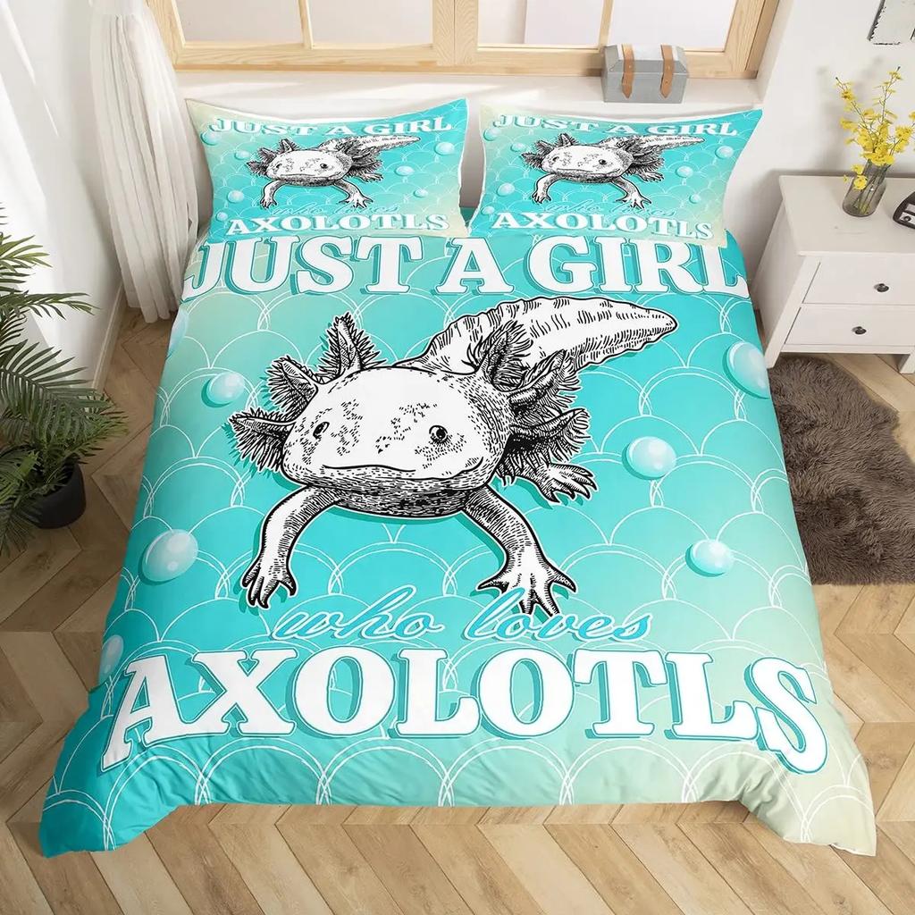 Axolotl Duvet Cover Set Pink Newt Wildlife Comforter Cover With Pillowcases Cartoon Octopus Animal Kawaii Style Twin Quilt Cover