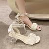 Mesh High Heels Women's Summer 2025 New Medium Thick Heel Crystal French Fairy Pearl Roman Sandals Ins