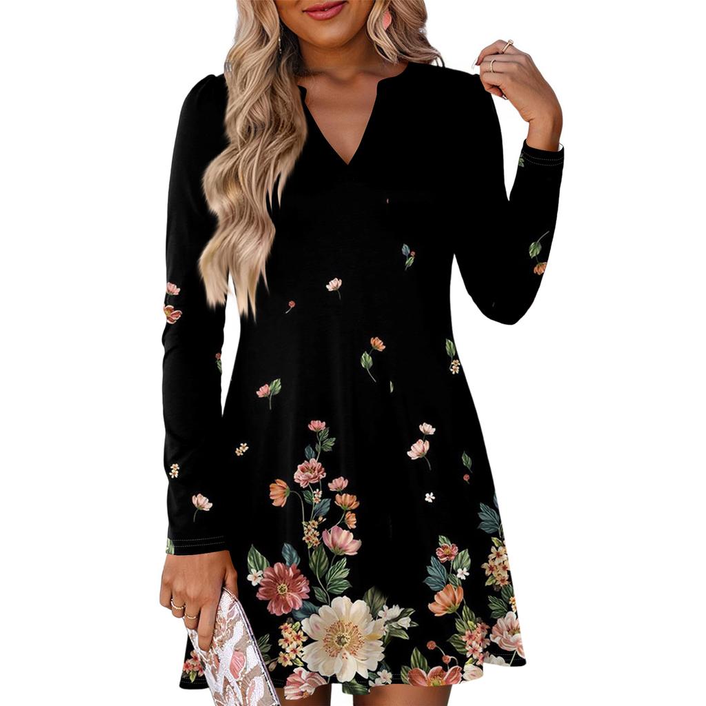 Women's Fashion Floral Print V-Neck Long Sleeve  Dress