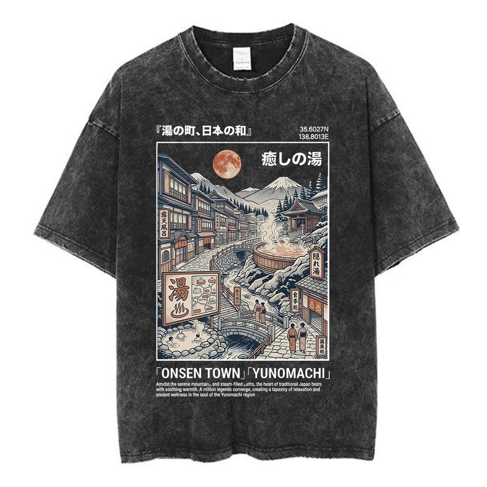 Vintage Japanese Osaka Dotonbori Crab Cityscape Graphic T Shirts Mens Washed Fashion Oversized Cotton Tshirt Unisex Streetwear