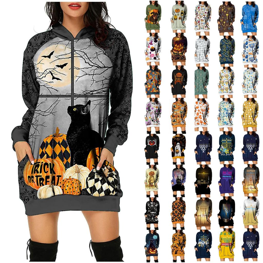 Women's And Winter Hooded Sweatshirt Dress Halloween Print Dress