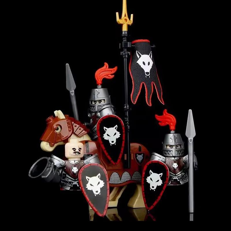 Средневековый Замок MOC Строительные Блоки Воины-Волки Фигурка Солдата Рыцари-Крестоносцы Лошадь Флаг Жилеты Щит Оружие Игрушки Подарки T022