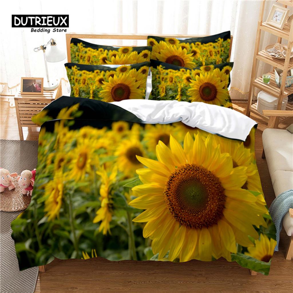 Beautiful SunFlower Bedding Set, 3Pcs Duvet Cover Set, Soft Comfortable Breathable Duvet Cover, For Bedroom Guest Room Decor