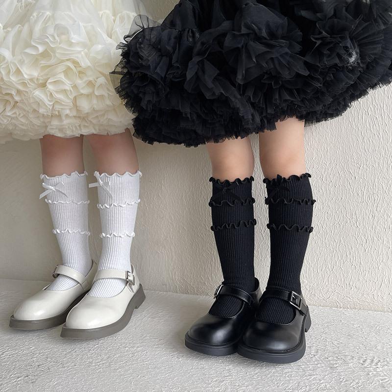 1 пара шикарных осенних носков для девочек из телячьей шерсти, корейские модные носки с оборками и бантом для детей, мягкие хлопковые школьные носки, одежда, аксессуары
