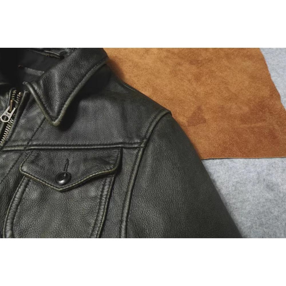 Китайский размер, винтажная оливково-зеленая натуральная воловья мужская кожаная куртка, осеннее пальто с отложным воротником из натуральной кожи