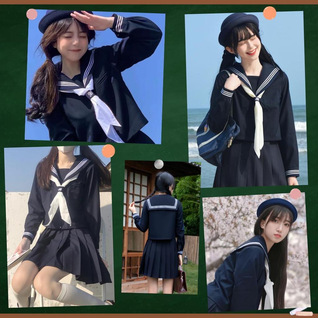 BeLoved Full Sailor Uniform Set White Navy Blue for High School Junior High School and Cute and Cute for Cosplay Halloween Loose Popular for School