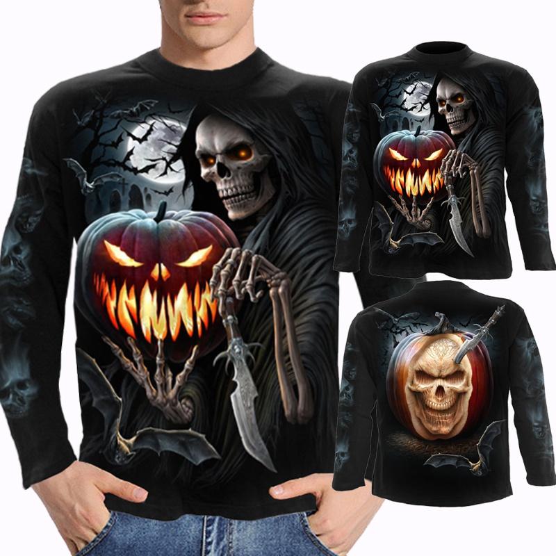 Plus Size Horror Men's T-shirt Long Sleeves Costume Vintage Funny Skull Punk Rock Streetwear Hip Pop Tee Apparel