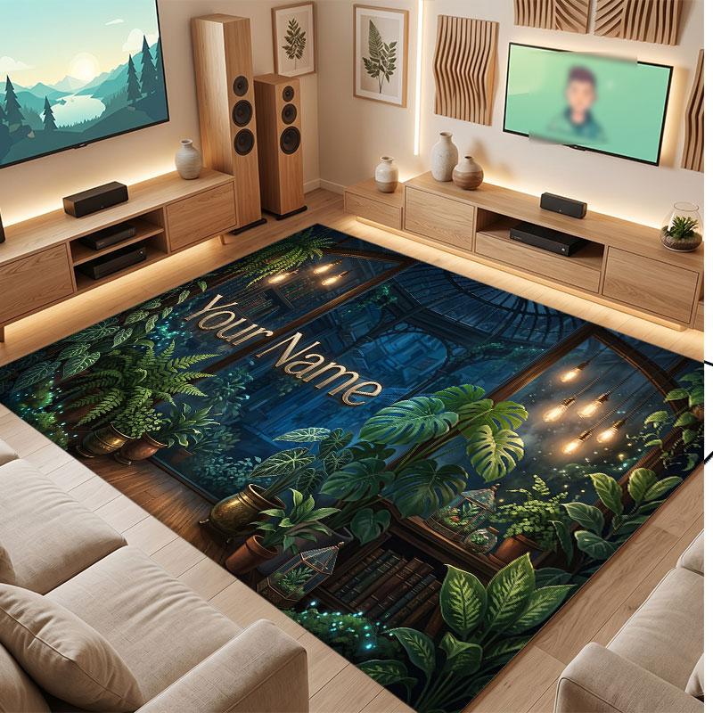 Mushroom Forest Theme Crystal Velvet Floor Rug Personalized Custom Name Text Warm Carpet Home Decoration