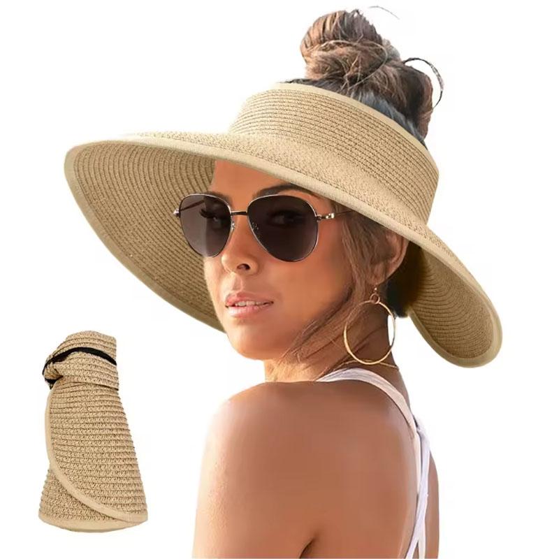 Straw Hat Women Foldable Visor Hats,Sun Visors for Women Wide Brim Straw Ponytail Summer Beach Hat