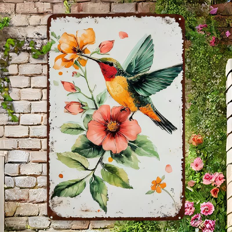 Tin Sign Colorful Hummingbird Floral Garden Wall Art Vintage Metal Plaque Rustic Retro Decoration for Home Bar Cafe Porch Indoor