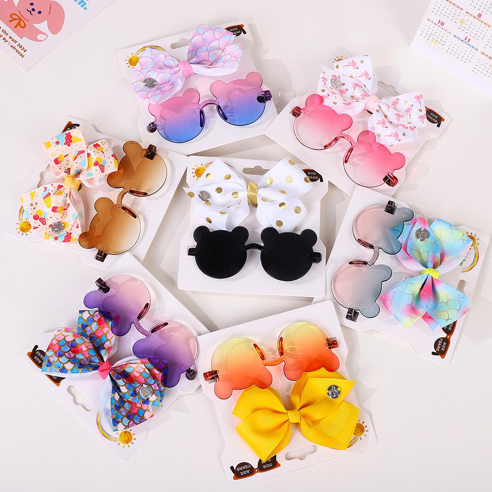 2 шт./набор 4,5" большие заколки-банты для детей мультфильм бант заколка для волос очки набор модные аксессуары для волос маленький медведь очки подарок