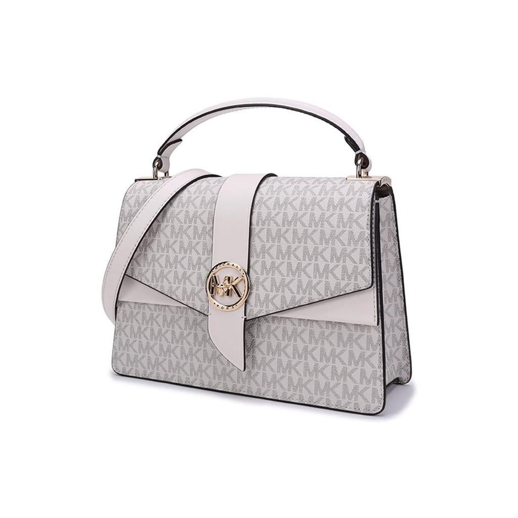 Michael Kors MK Greenwich Monogram Logo Print Flap Fashion Casual Commuter Leather Shoulder Tote Bag Medium Women bags 30H1GGRS2V-VAN-CREAM