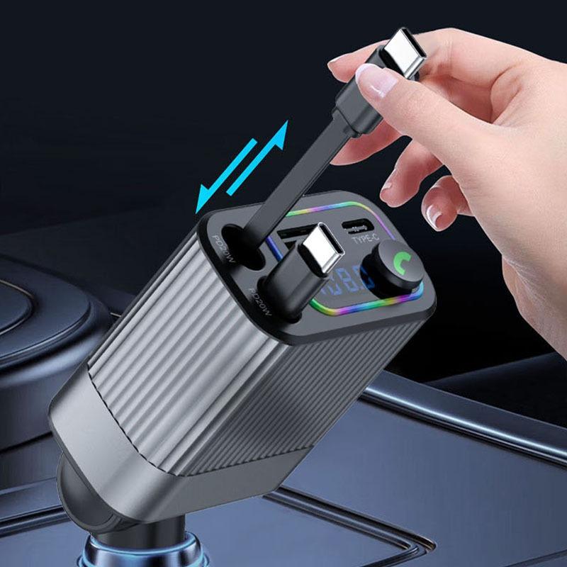 Автомобильное зарядное устройство Bluetooth 4 в 1, многофункциональное зарядное устройство, удобный в использовании адаптер для зарядки Type-C с цифровым дисплеем и выдвижным кабелем для iPhone