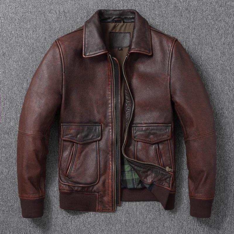 Китайский размер Vintage Red-Browm Flight A2 Мужская натуральная кожаная куртка Light Covered First Layer Cowhed Мужские куртки Осень и зима Пилот кожаная куртка