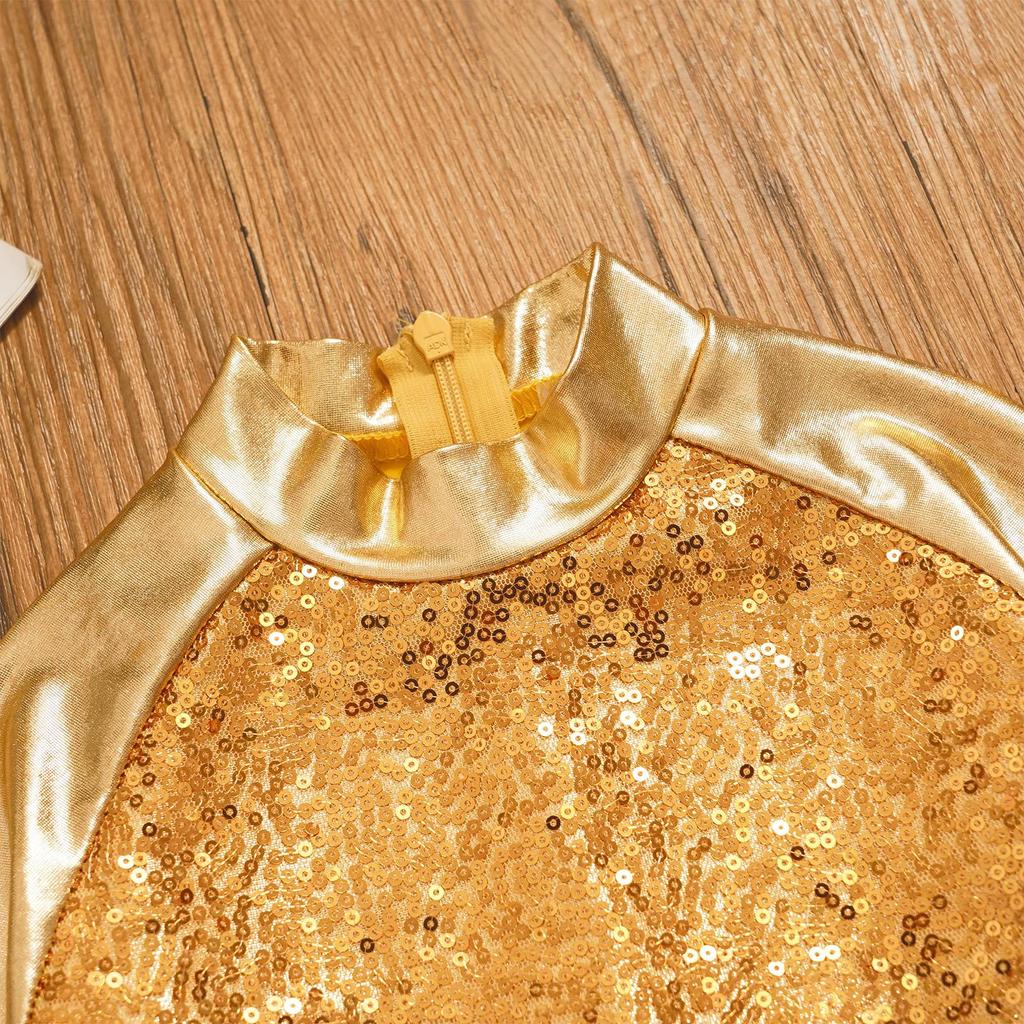 Girls Glossy Metallic Dance Set Long Sleeve Sequin Crop Top and Short Skirt Figure Skating Costume