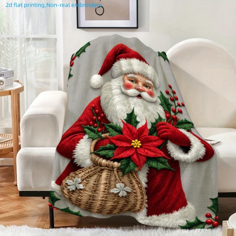 1pc Christmas Holiday Themed Santa Claus and Christmas Flower Printed Blanket, Strong Festive Atmosphere, Multiple Sizes Available, Autumn Thanksgivin