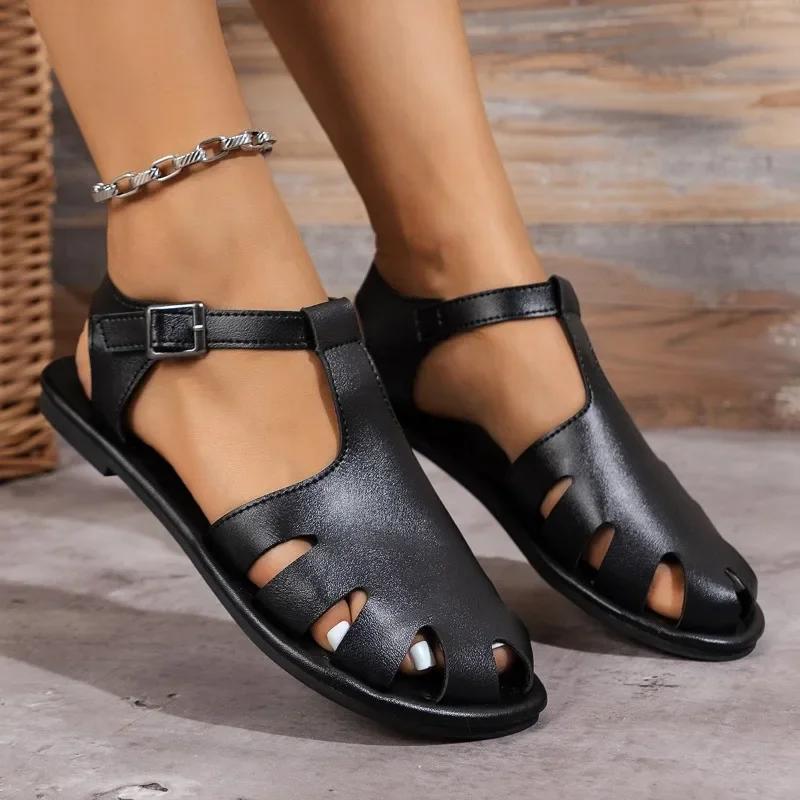 Модная обувь для женщин 2024 горячая распродажа летние женские сандалии с ремешком на щиколотке, с закрытым носком, однотонные, на низком каблуке, повседневные сандалии для женщин