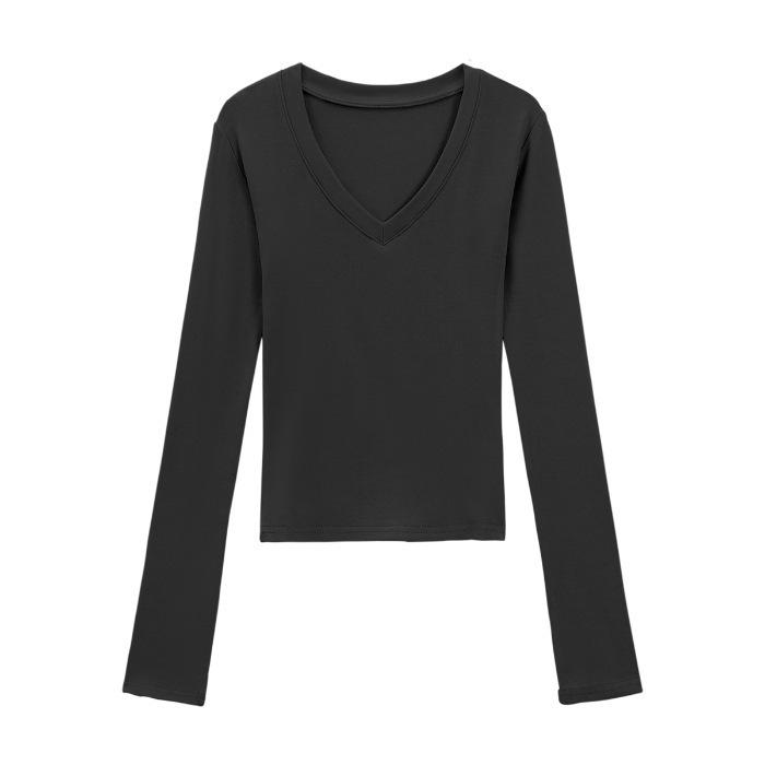 Cotton V-neck front shoulder T-shirt women's spring and autumn new Spice Girl slim and thin sexy long-sleeved bottoming shirt top