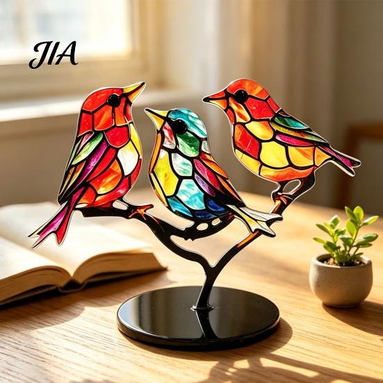 Colorful Bird on Branch Craft for Desk Acrylic Birds Desktop Ornament, Stained Glass Style Unique Anniversary Birthday Gifts Family Figurine,