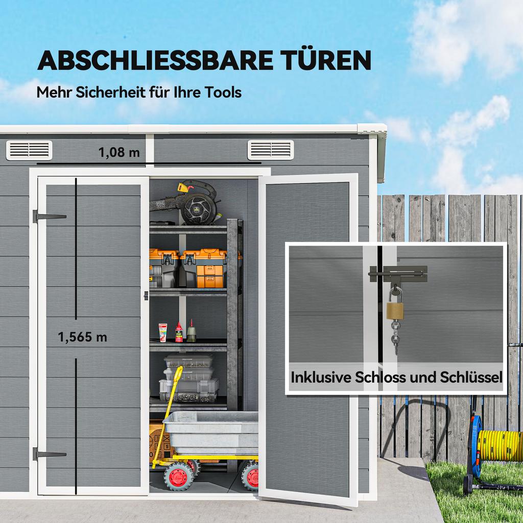 2.4 x 1.3 m Garden Shed, Plastic Garden House with Floor, Window, Lockable Doors, for Garden, Patio, Grey