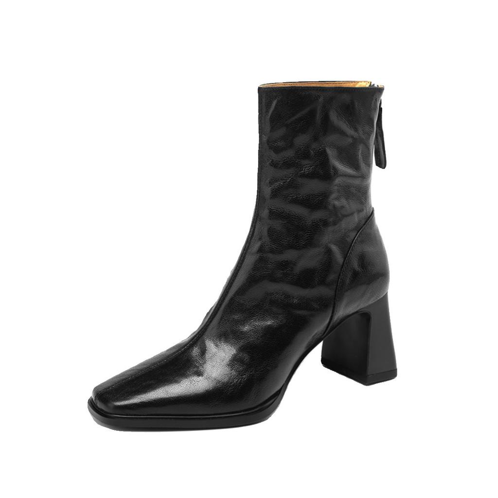 Retro Hand-scratched Square Head Thick Heel Fashion Short Boots Soft Leather High Heel Martin Boots Versatile