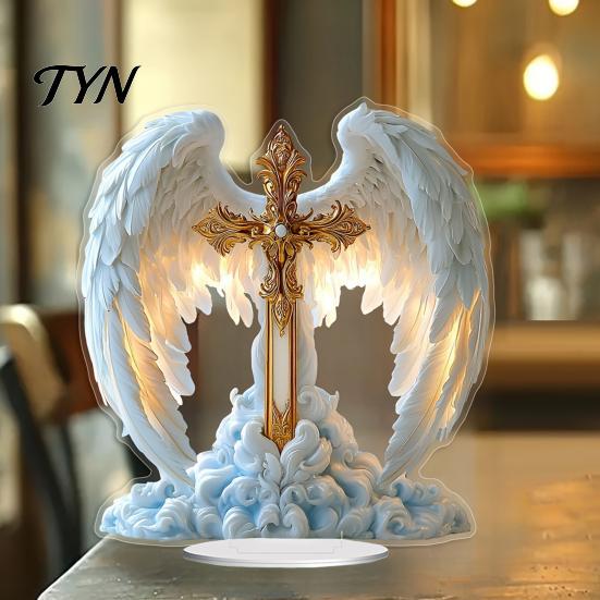 Christmas Tabletop Decorations Angel Wings Cross Table Sign, Acrylic Religious Wing Statue, Large Modern Art Piece Ornaments for Home Living