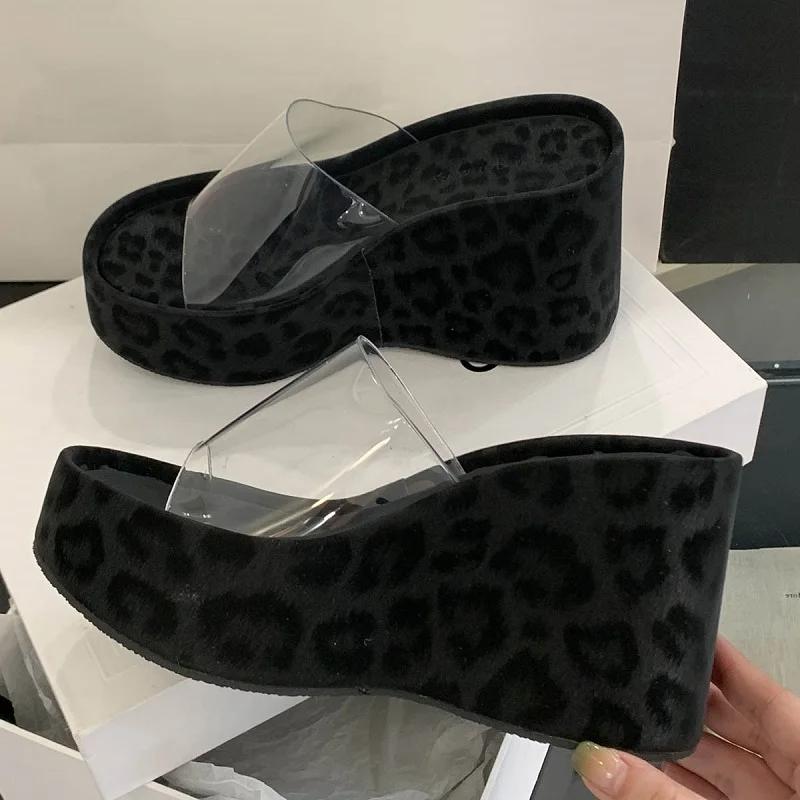 Новый Дизайн Леопардовый Принт Платформа Танкетка Женские Шлепанцы Летние ПВХ Прозрачные Открытый Носок Высокий Каблук Вечеринка Платье Туфли