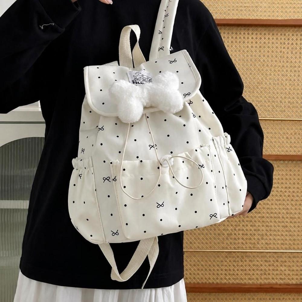Bowknot Drawstring Polka Dot Backpack Sweet Commuting Backpack Double Shoulder Bag Casual Use