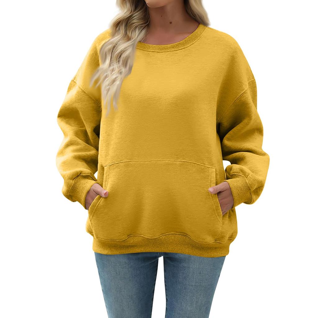 Women's Casual Fashion Long Sleeve Solid Color Round Neck Sweatshirt Top With Pocket