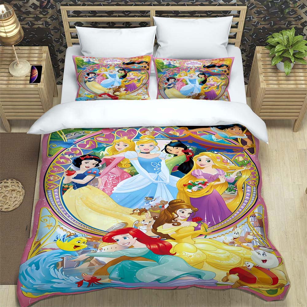 Princess series duvet cover set, 3D children's bedding three-piece set, includes 1 duvet cover and 2 pillowcases, extra large si