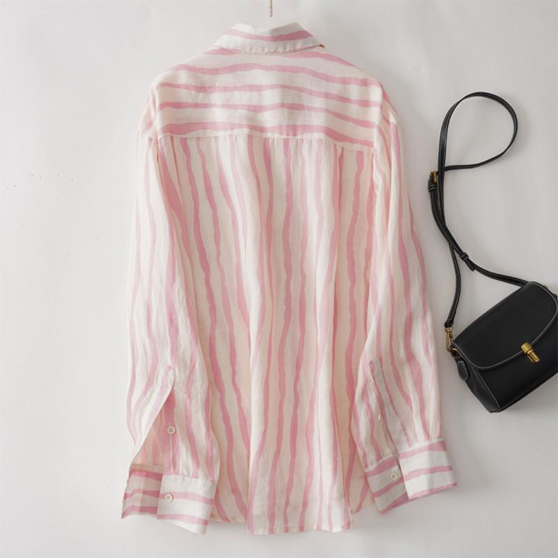 Ladies Vintage Striped Shirt Blouse Shirt Loose Summer Long Sleeve Tops